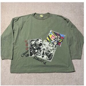Bingo Oversized Long Sleeve Graphic T-Shirt Artsy Patches‎ Olive Green L